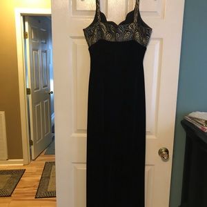 Crushed velvet black w/gold bodice evening gown